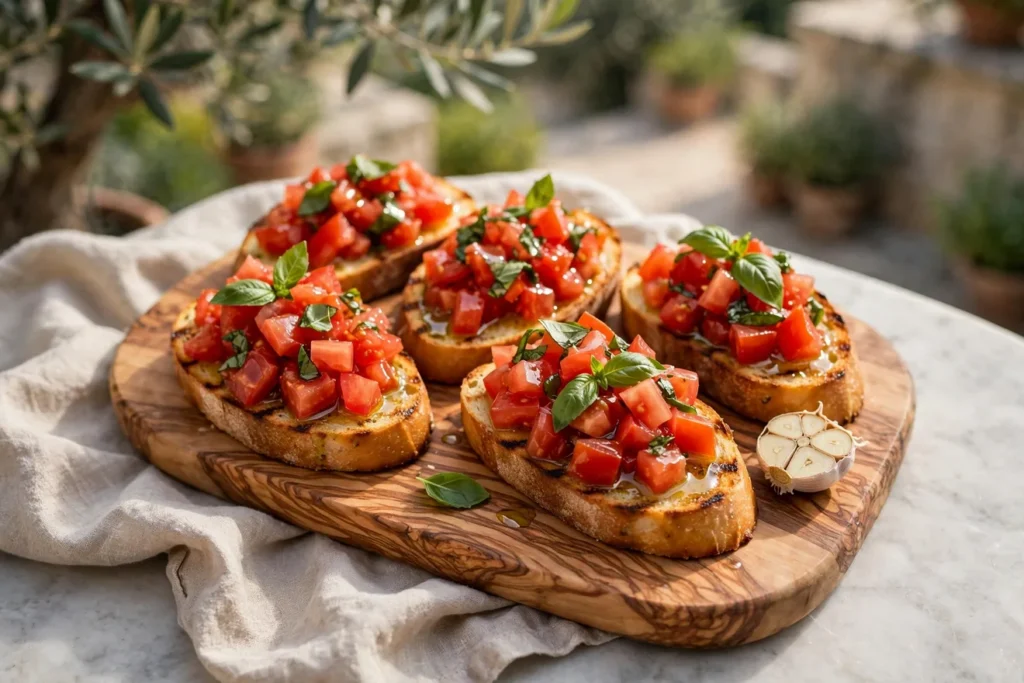 Bruschetta al pomodoro, grilled bread with marinated tomatoes and basil.