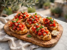 Bruschetta al pomodoro, grilled bread with marinated tomatoes and basil.