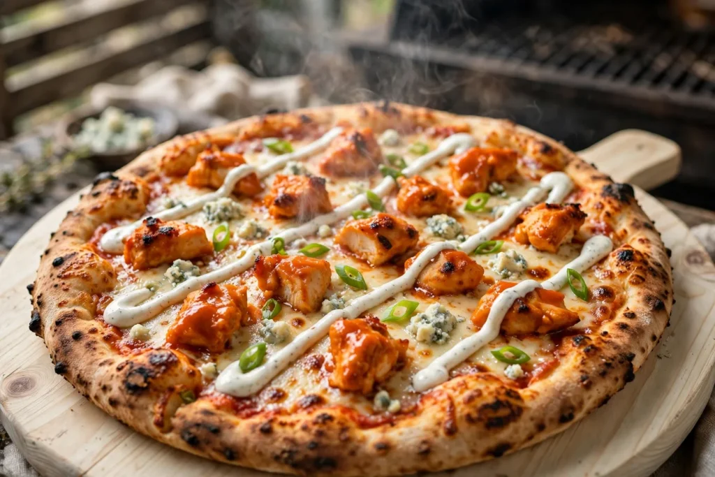 Buffalo chicken pizza with blue cheese crumbles and a ranch drizzle.