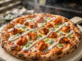 Buffalo chicken pizza with blue cheese crumbles and a ranch drizzle.