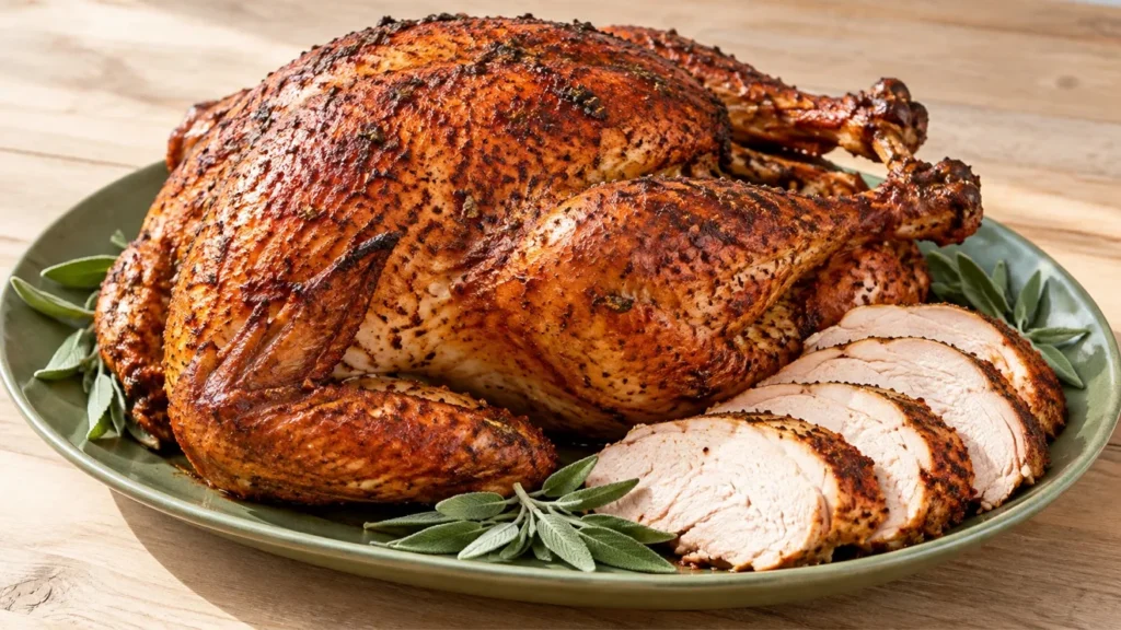 Cajun-injected grilled turkey with paprika-colored skin and thick breast slices on a platter.