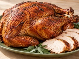 Cajun-injected grilled turkey with paprika-colored skin and thick breast slices on a platter.