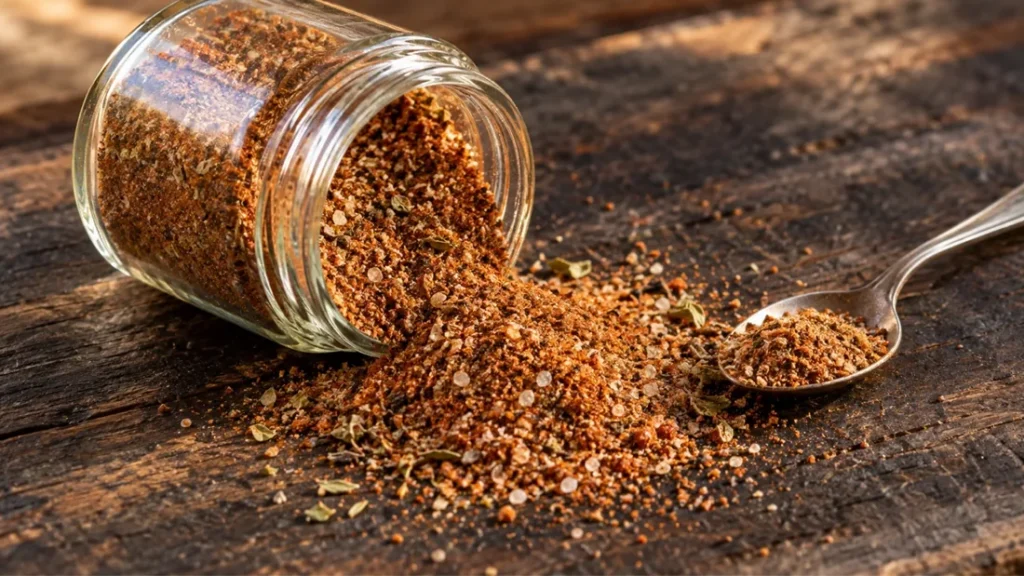 Cajun-inspired blackening rub spilling from a glass jar onto dark wood