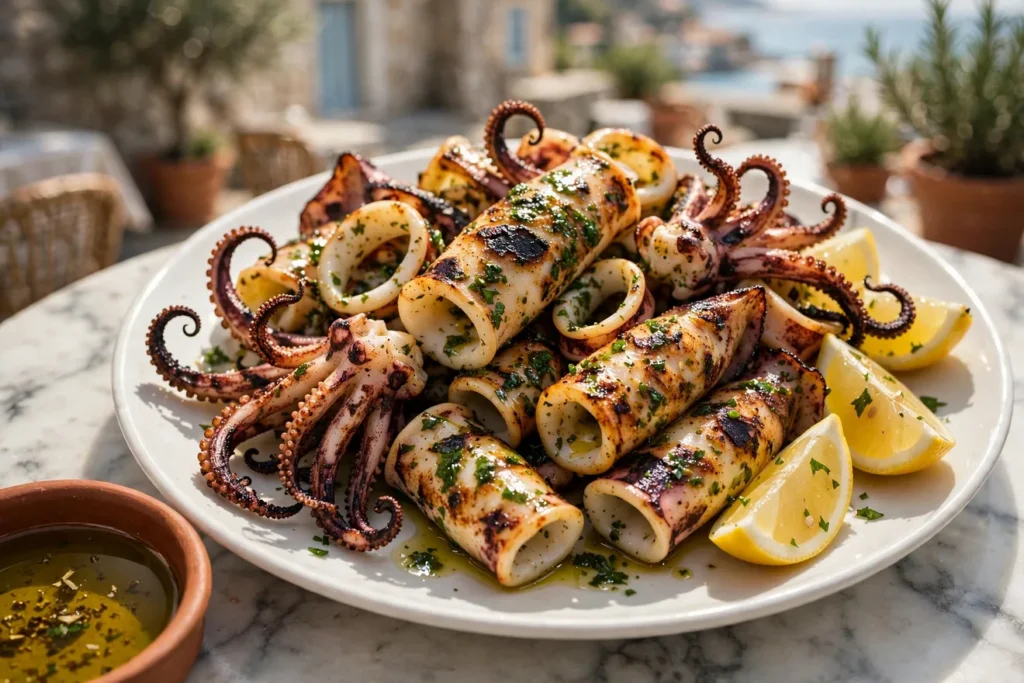 Calamari alla griglia, grilled calamari with lemon, garlic, and parsley.