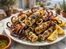 Calamari alla griglia, grilled calamari with lemon, garlic, and parsley.