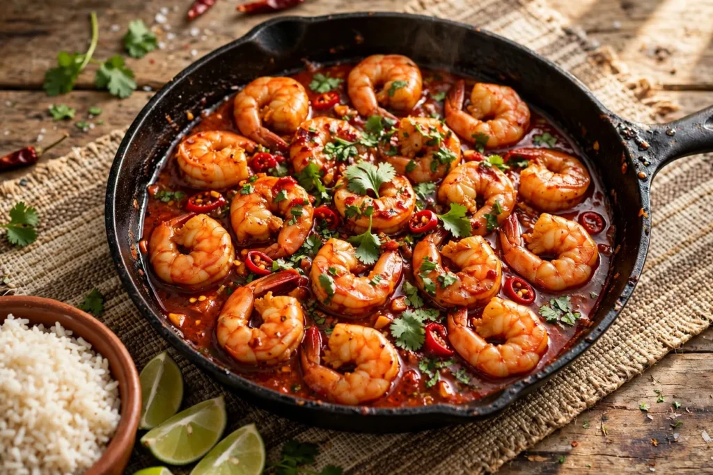 Camarones a la diabla in a red chile sauce in a cast-iron skillet.