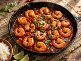 Camarones a la diabla in a red chile sauce in a cast-iron skillet.