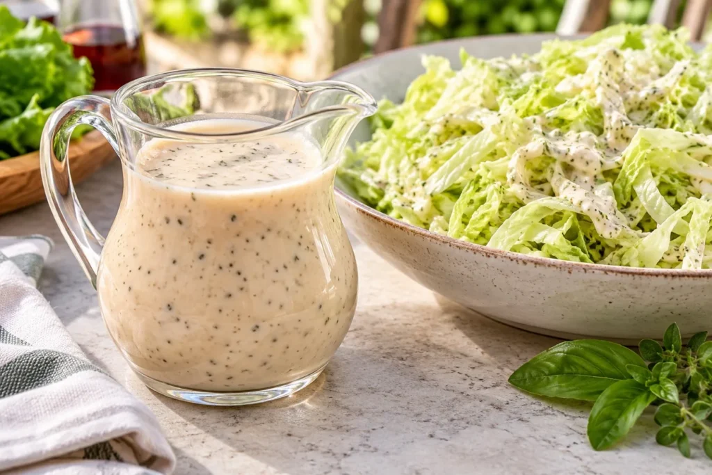 A jar of creamy Capri Italian house dressing beside a finely shredded lettuce salad.