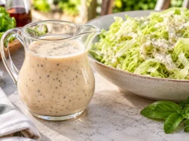A jar of creamy Capri Italian house dressing beside a finely shredded lettuce salad.