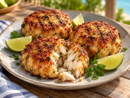 Grilled Caribbean crab cakes with lime wedges, one broken open to show lump crabmeat