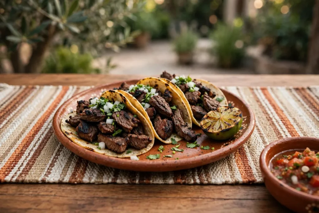 Carne asada tacos with charred steak, onion, and cilantro.