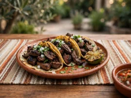 Carne asada tacos with charred steak, onion, and cilantro.