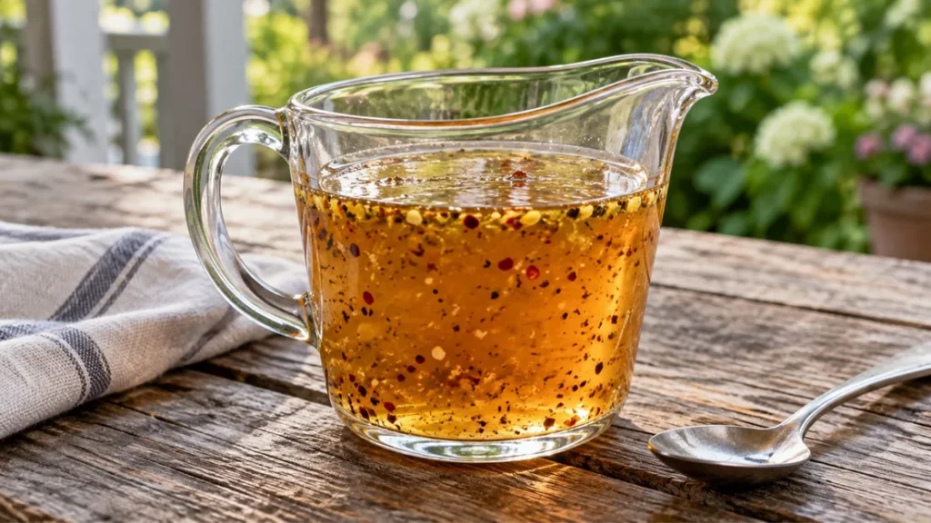 Glass pitcher of Carolina-inspired vinegar and pepper marinade flecked with red pepper flakes and black pepper