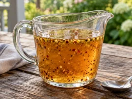 Glass pitcher of Carolina-inspired vinegar and pepper marinade flecked with red pepper flakes and black pepper