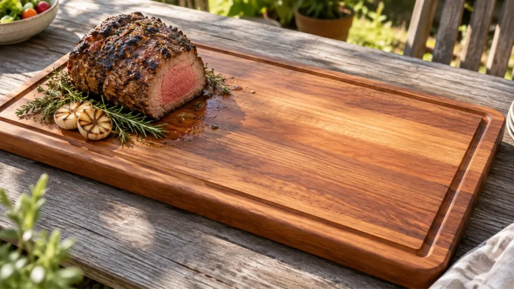 Sliced roast resting on a wooden carving board with a juice groove, on a rustic outdoor table