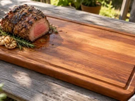Sliced roast resting on a wooden carving board with a juice groove, on a rustic outdoor table