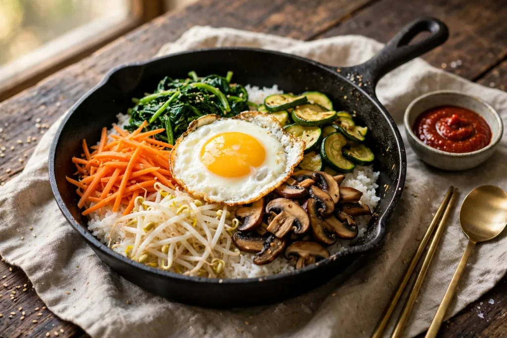Cast-iron bibimbap with crispy rice, seasoned vegetables, and a fried egg.