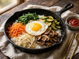 Cast-iron bibimbap with crispy rice, seasoned vegetables, and a fried egg.