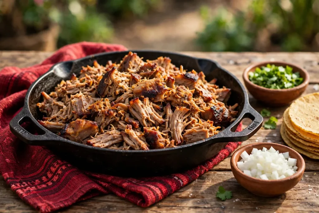 Cast-iron carnitas with crisped edges, served with corn tortillas, onion, and cilantro.