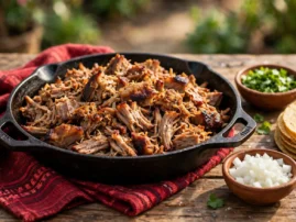 Cast-iron carnitas with crisped edges, served with corn tortillas, onion, and cilantro.