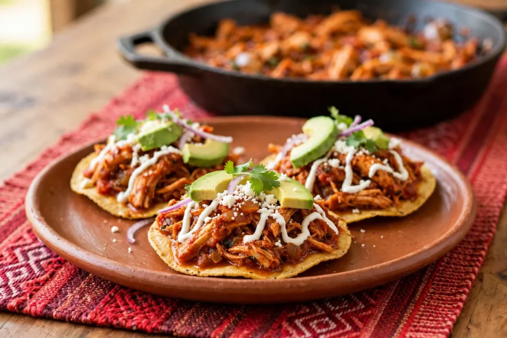 Chicken tinga on tostadas with crema, cotija, and avocado.