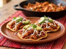 Chicken tinga on tostadas with crema, cotija, and avocado.