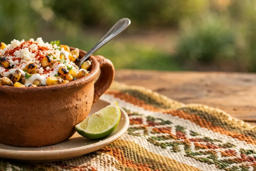 Esquites, charred Mexican street corn in a cup with cotija and lime.