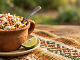 Esquites, charred Mexican street corn in a cup with cotija and lime.