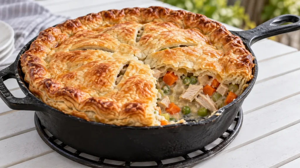 Cast-iron turkey pot pie with a golden crust and a serving removed to show turkey, carrots and peas.