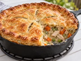 Cast-iron turkey pot pie with a golden crust and a serving removed to show turkey, carrots and peas.