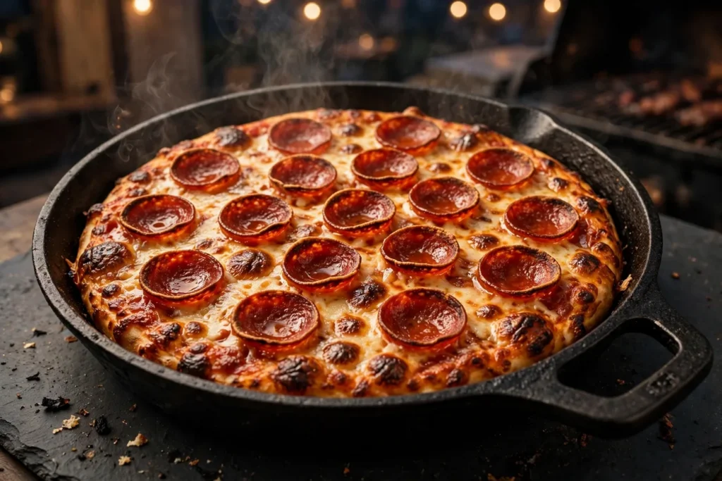 Cast-iron pepperoni pizza with crisp cheese edges and cupped pepperoni in a skillet.