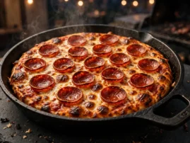 Cast-iron pepperoni pizza with crisp cheese edges and cupped pepperoni in a skillet.