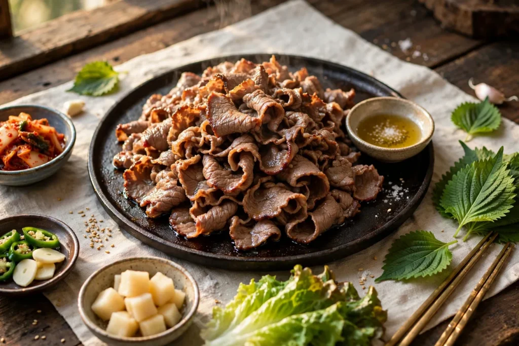 Chadolbaegi, seared Korean beef brisket, with sesame oil and salt for dipping.