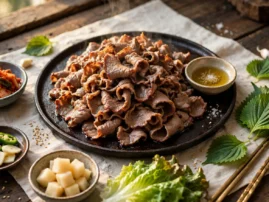 Chadolbaegi, seared Korean beef brisket, with sesame oil and salt for dipping.