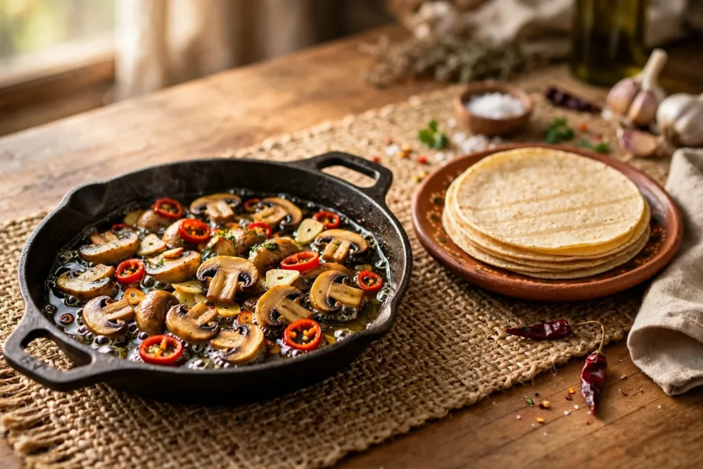 Champiñones al ajillo, mushrooms in garlic-chile olive oil.