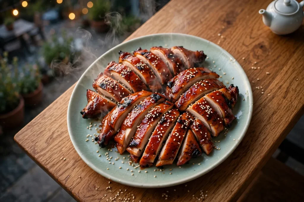 Char siu chicken with a honey glaze, grilled and sliced with charred edges.