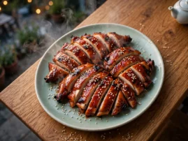 Char siu chicken with a honey glaze, grilled and sliced with charred edges.