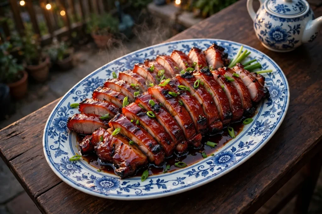 Char siu, Chinese BBQ pork, sliced with a honey glaze and charred edges.