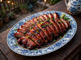 Char siu, Chinese BBQ pork, sliced with a honey glaze and charred edges.