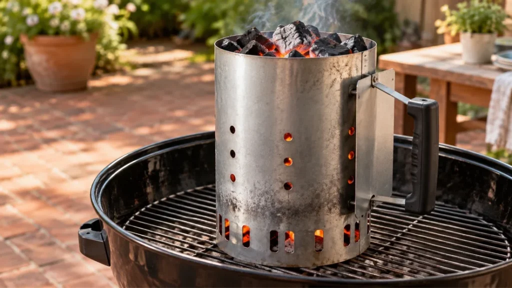 Charcoal chimney starter full of lit, glowing coals sitting on a kettle grill grate