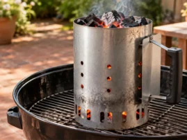 Charcoal chimney starter full of lit, glowing coals sitting on a kettle grill grate
