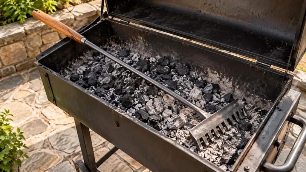 Long-handled charcoal rake resting in the coal bed of a charcoal grill