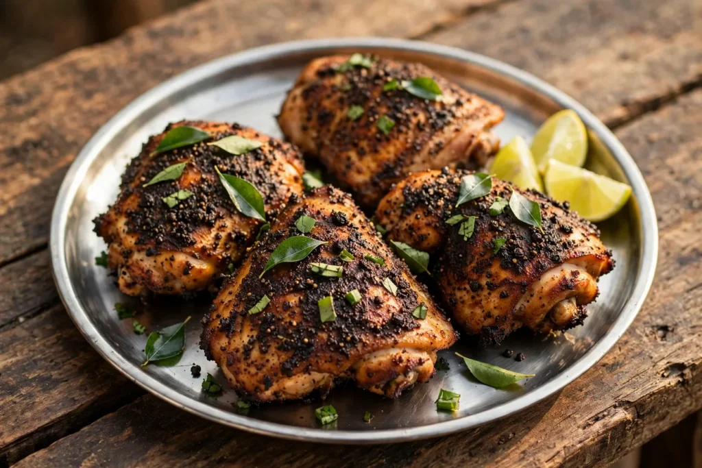 Grilled black pepper chicken thighs with curry leaves and lime.