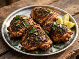 Grilled black pepper chicken thighs with curry leaves and lime.