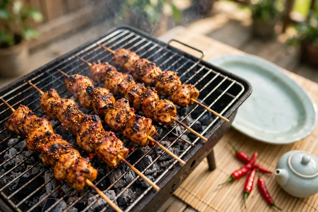 Chicken chuan'r, Chinese chicken skewers, grilled over charcoal with cumin and chile.