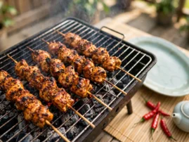 Chicken chuan'r, Chinese chicken skewers, grilled over charcoal with cumin and chile.