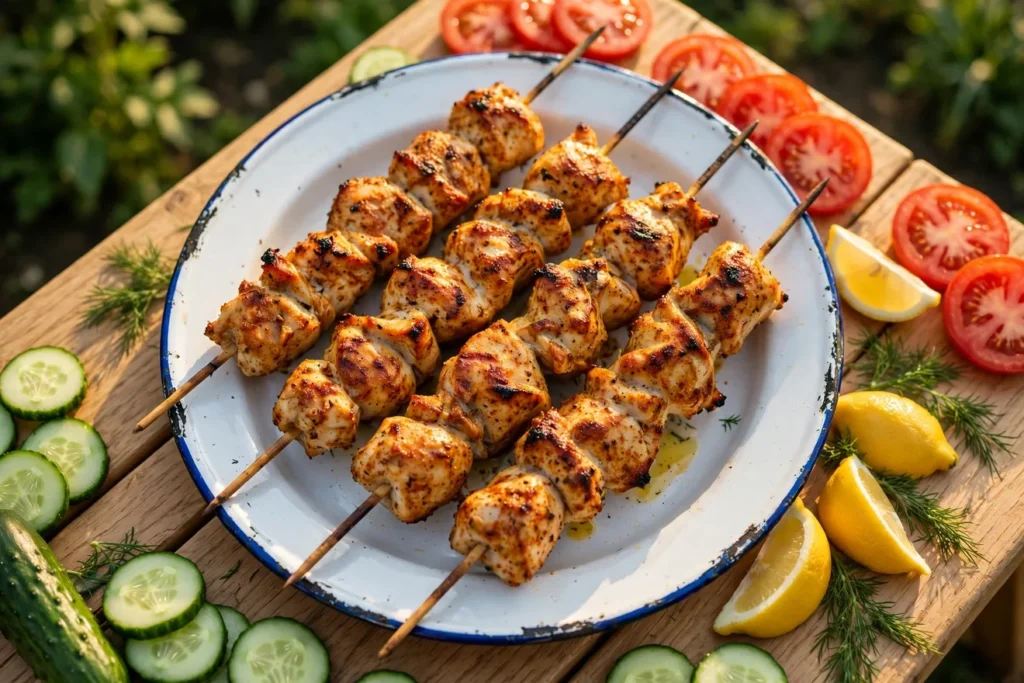 Chicken shashlik skewers with paprika, dill, lemon, and flatbread.