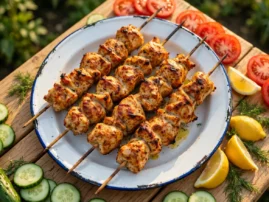 Chicken shashlik skewers with paprika, dill, lemon, and flatbread.