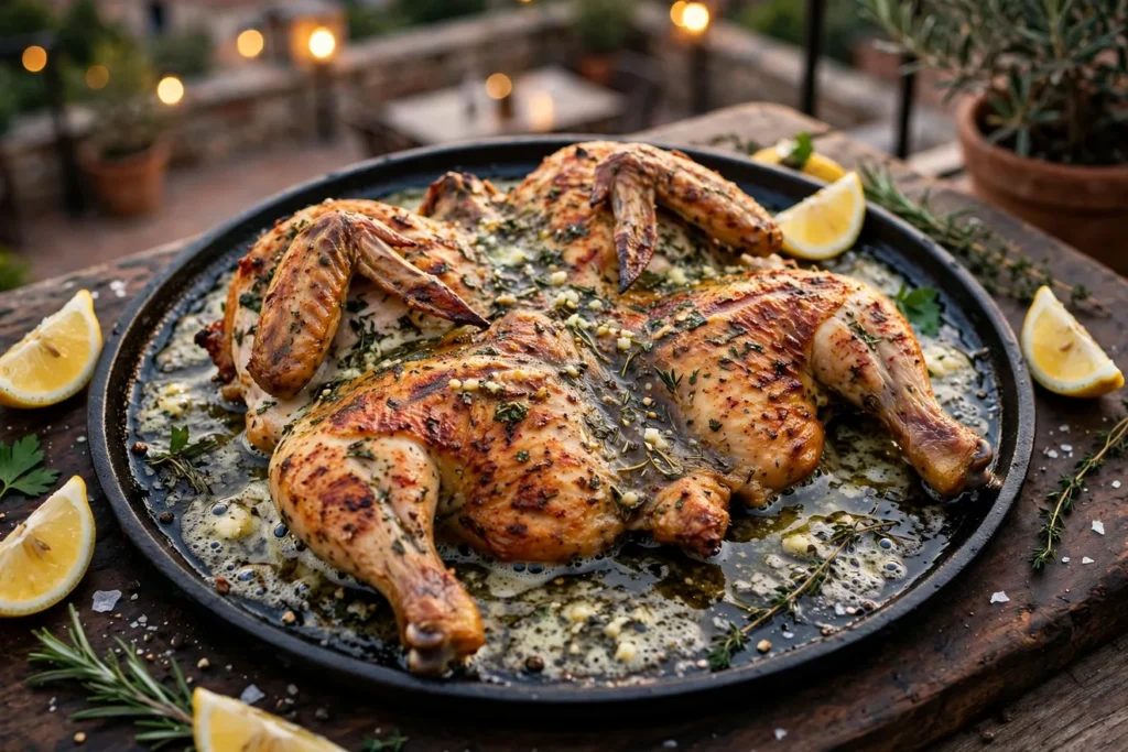 Chicken tabaka-style pressed chicken with crisp skin and garlic-herb finish.