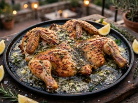 Chicken tabaka-style pressed chicken with crisp skin and garlic-herb finish.